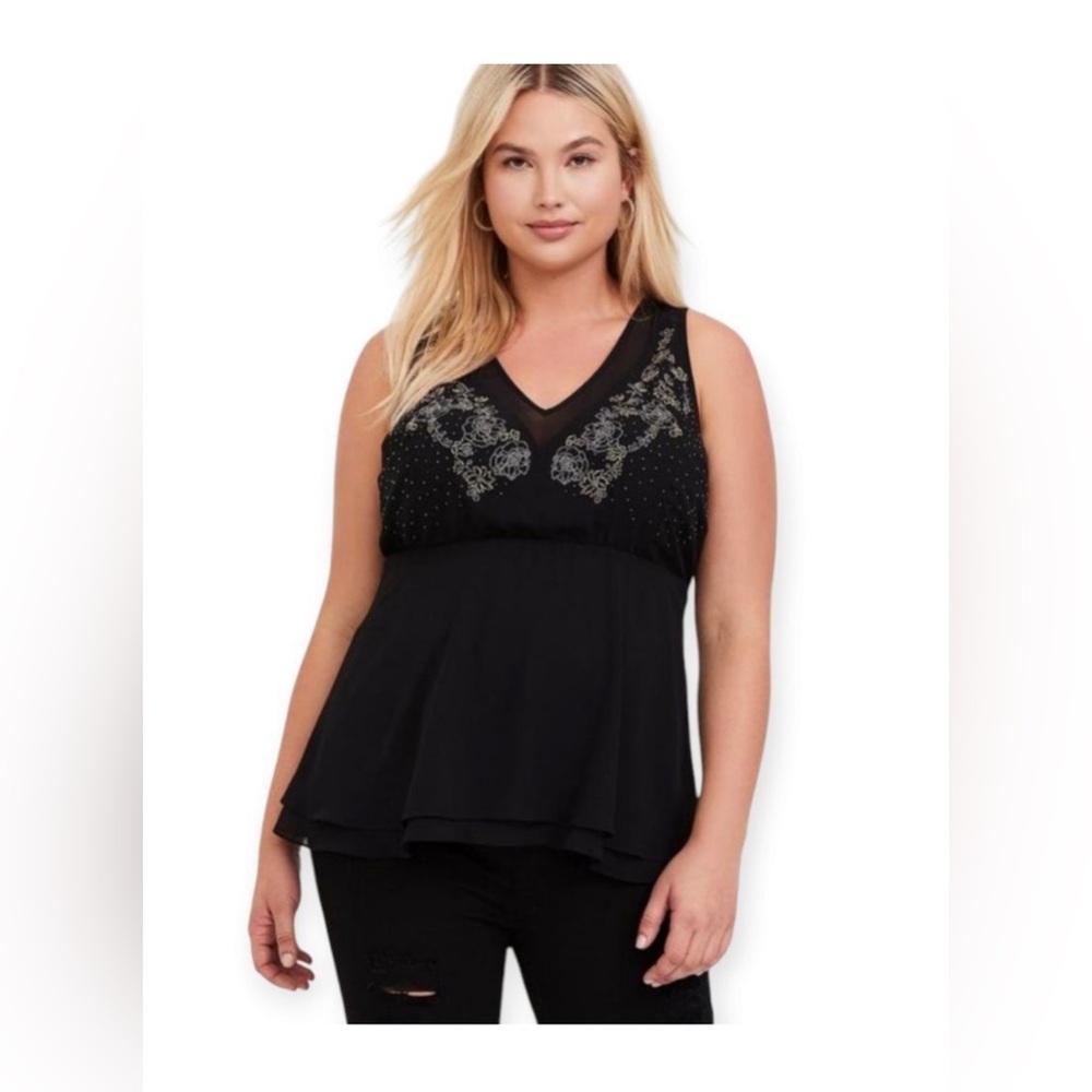 Torrid Black Chiffon Embellished Double
Layer Peplum Tank Blouse 1x